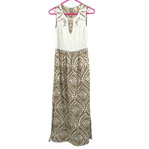 Anthropologie Size 0 Sleeveless Lace Embroidered Maxi‎ Dress Tan & White Pattern